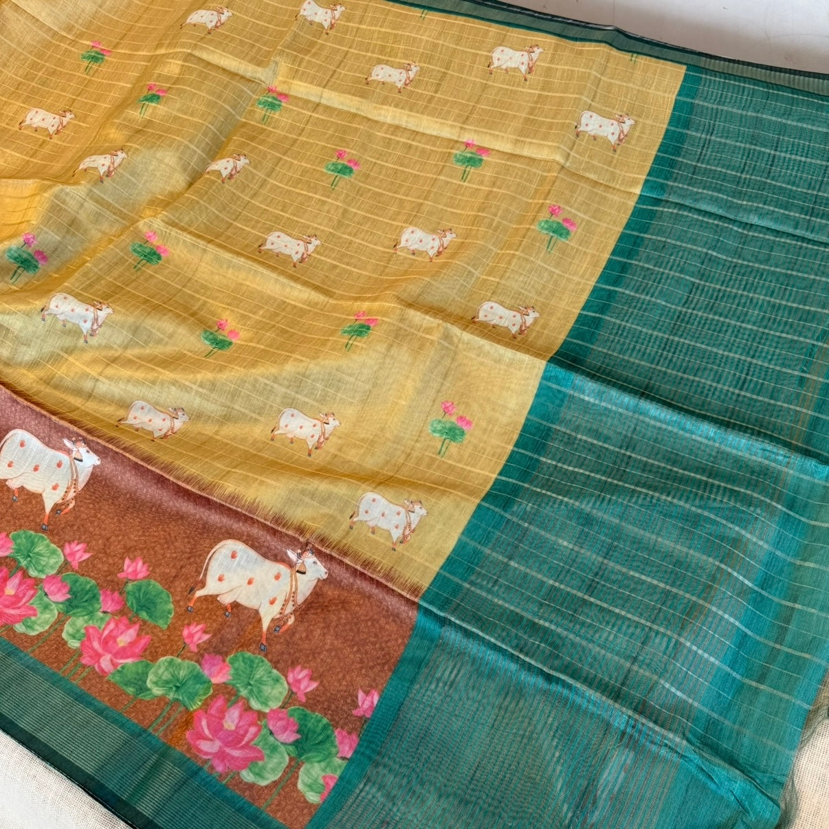 Mustard with Maroon Pichwai Cow lotus Semi Tussar Saree