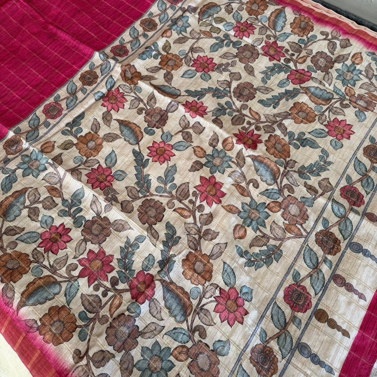 Pink Checks Kalamkari Semi Tussar Saree