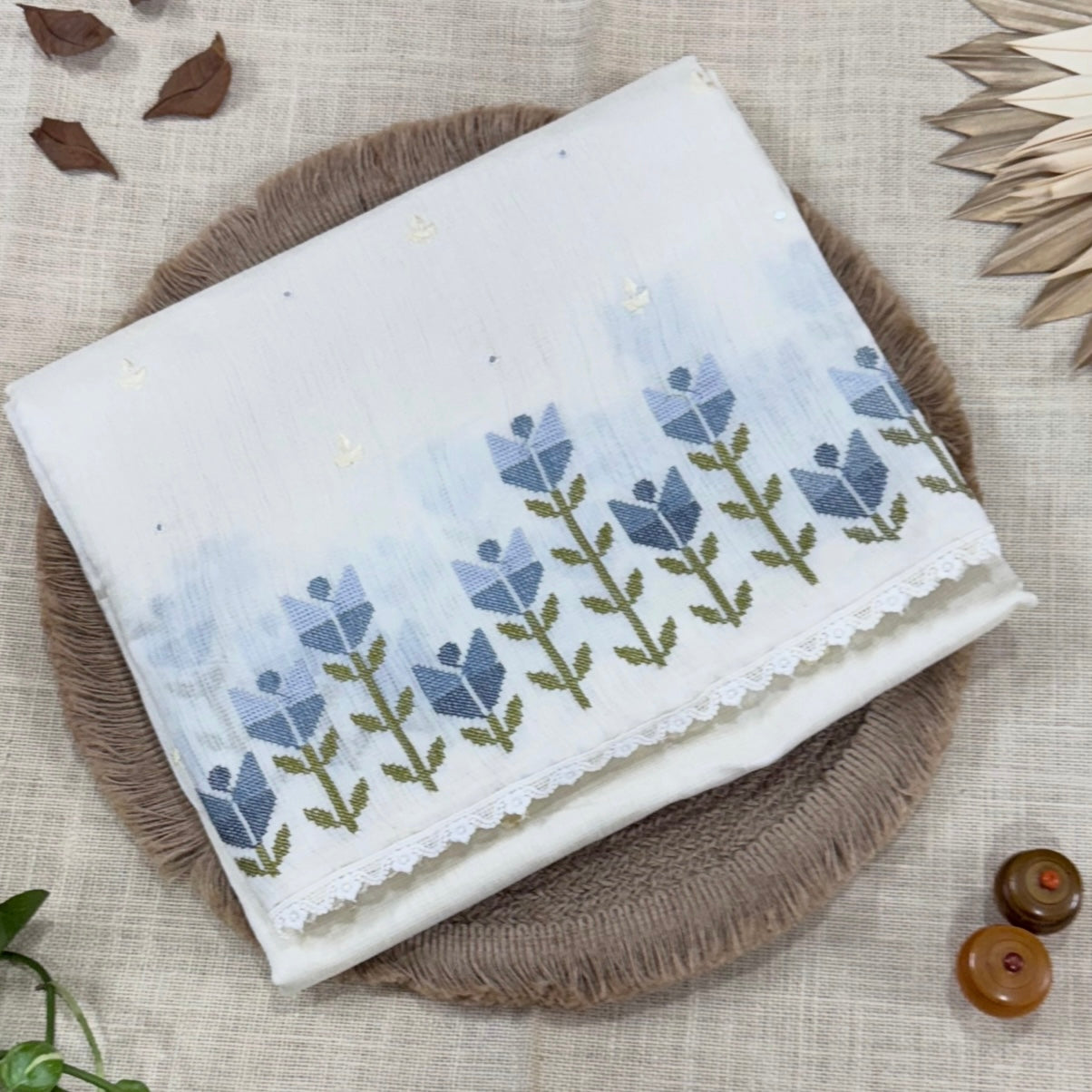 White n Indigo Floral Cross Stitch Embroidery Linen Saree