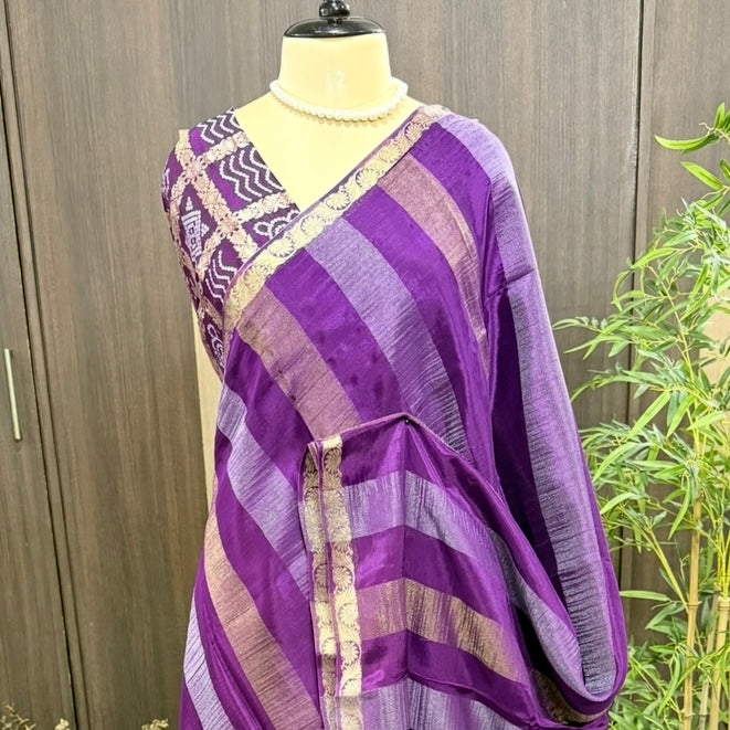 Purple Zari Stripes Chinnon Silk Saree