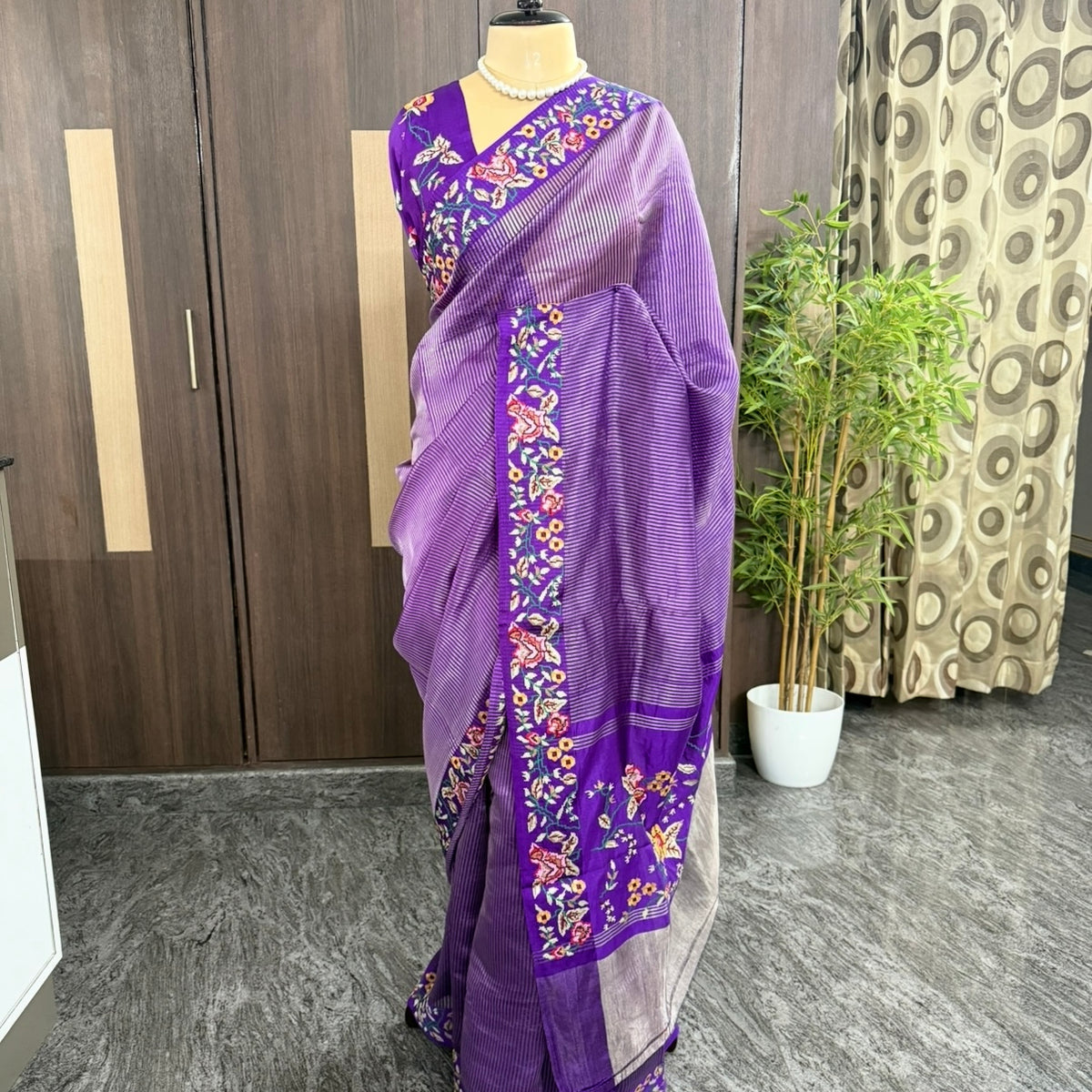 Purple Pure Tissue Embroidery Silk Saree
