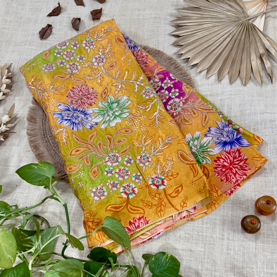 Yellow Multicolour Designer Embroidery Crepe Blouse Fabric