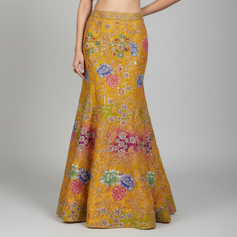 Yellow Multicolour Designer Embroidery Crepe Blouse Fabric