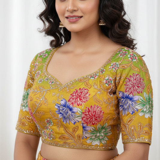 Yellow Multicolour Designer Embroidery Crepe Blouse Fabric