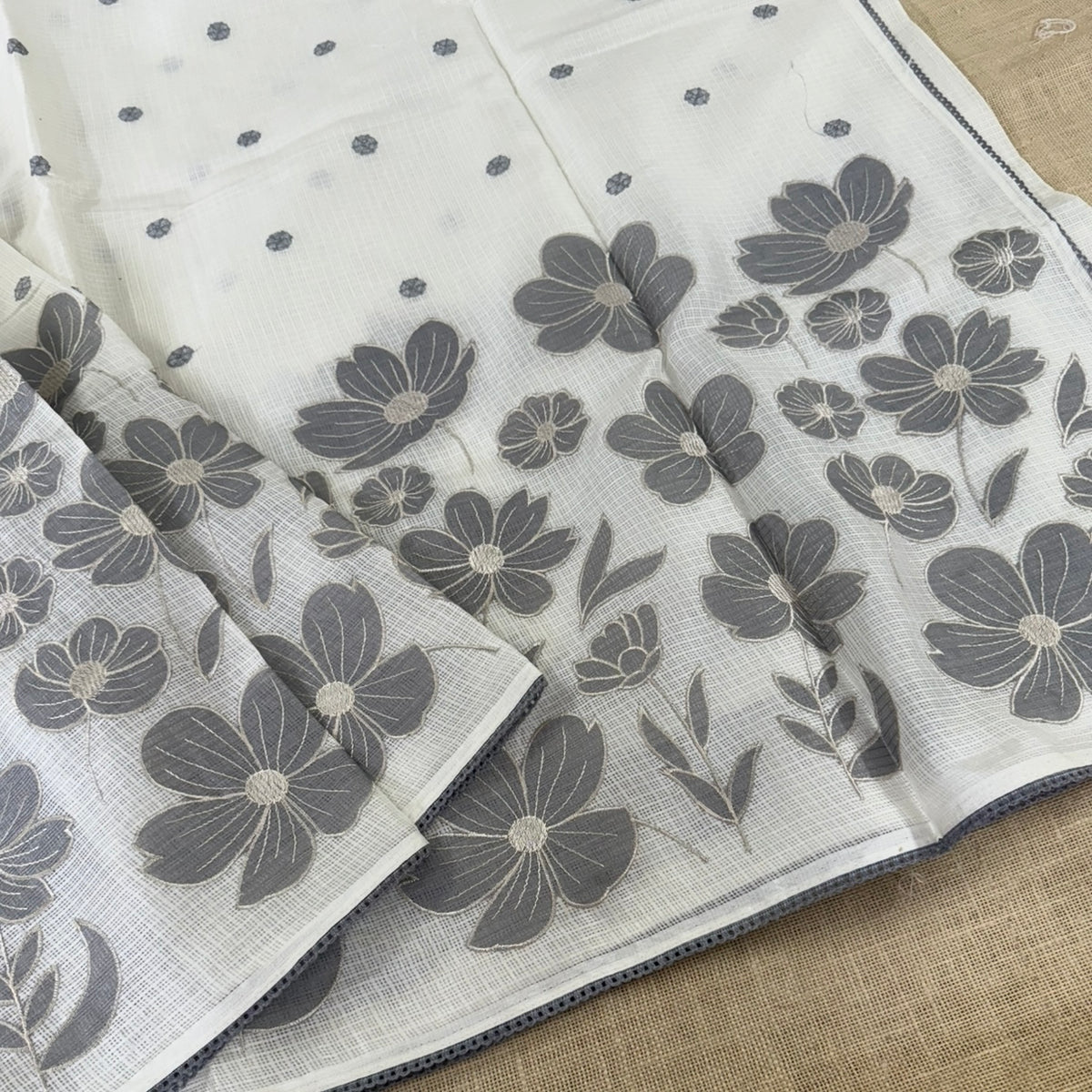 Off White Grey Kota Applique Saree