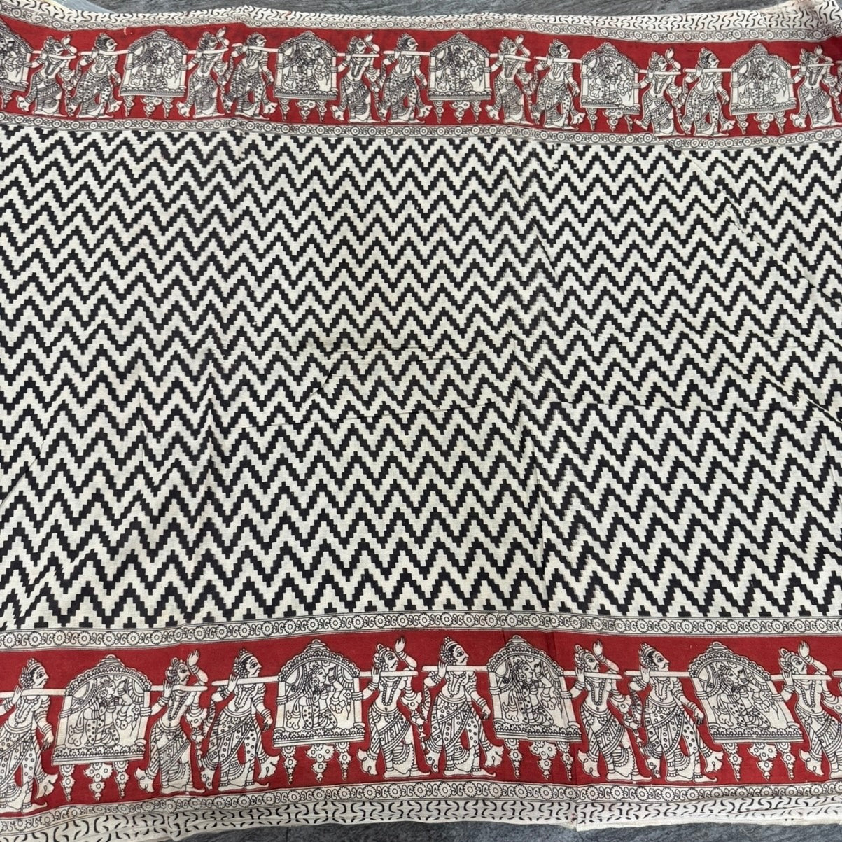 Maroon Black Zigzag Kalamkari Cotton Saree