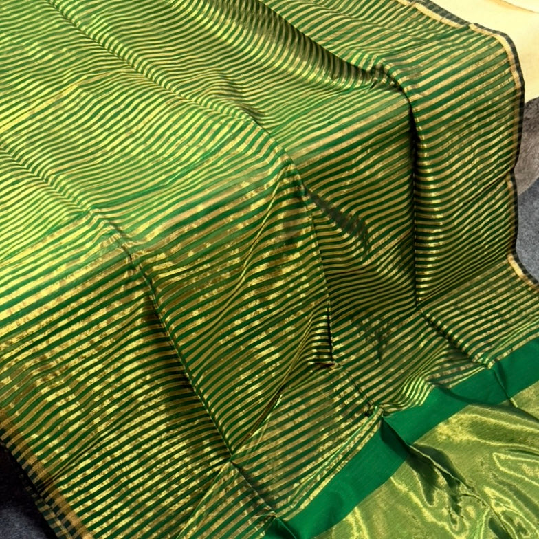 Green Gold Stripes Maheshwari Silk Cotton Saree