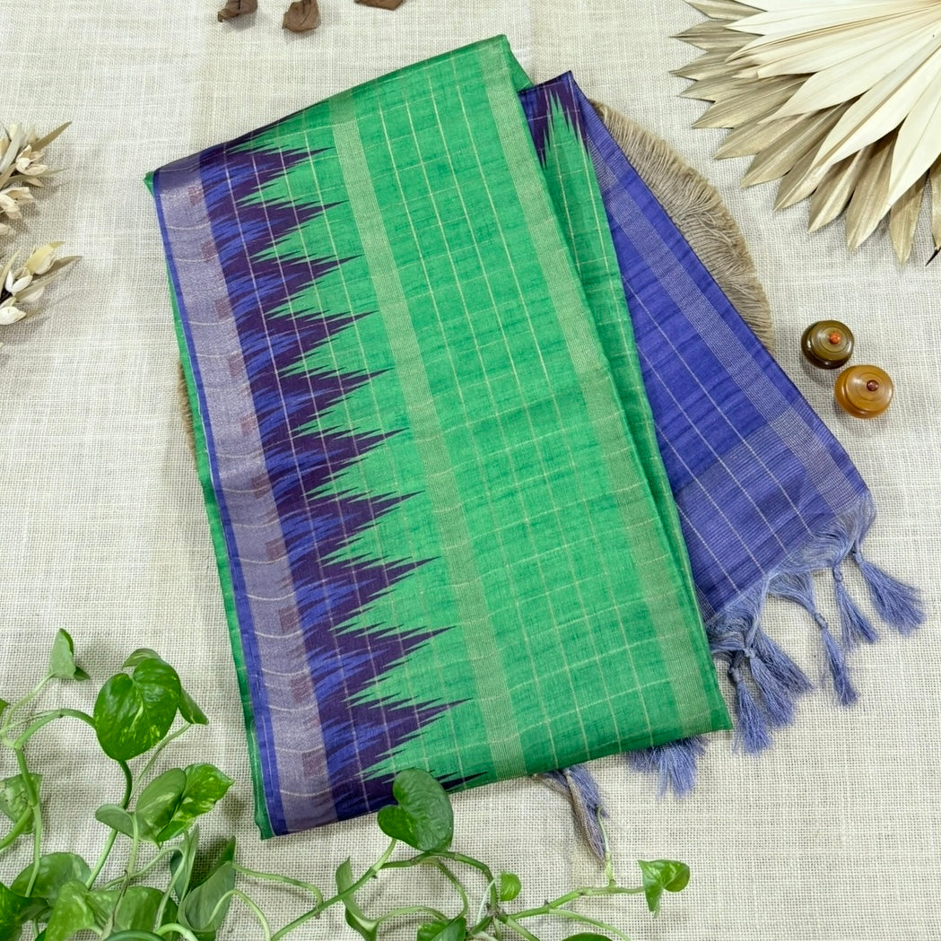 Parrot Green with Violet Purple Semi Tussar Saree