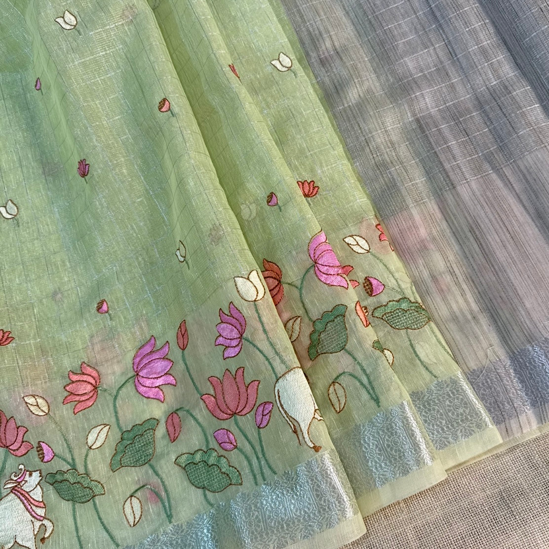 Pista Green Pichwai Tissue Semi Tussar Saree