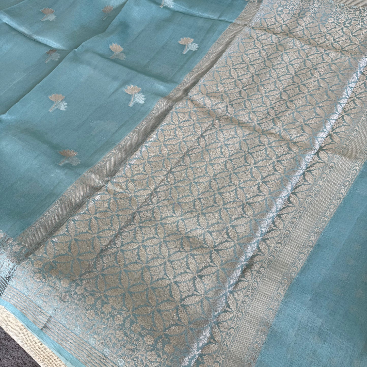 Pastel blue gold Zari flora thread Kora silk saree  