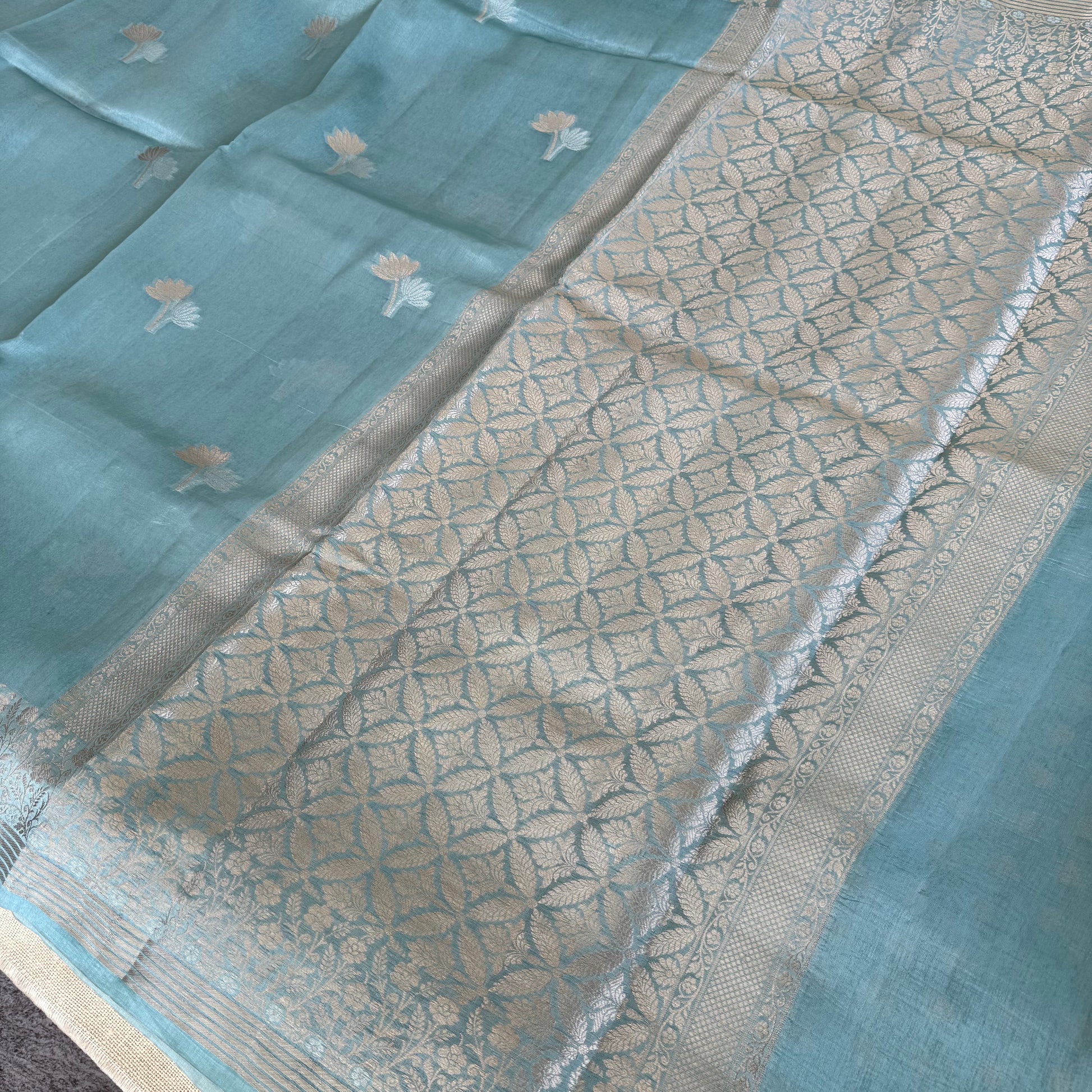 Pastel blue gold Zari flora thread Kora silk saree  