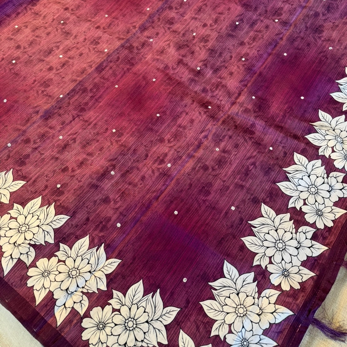 Wine Floral Semi Tussar Saree