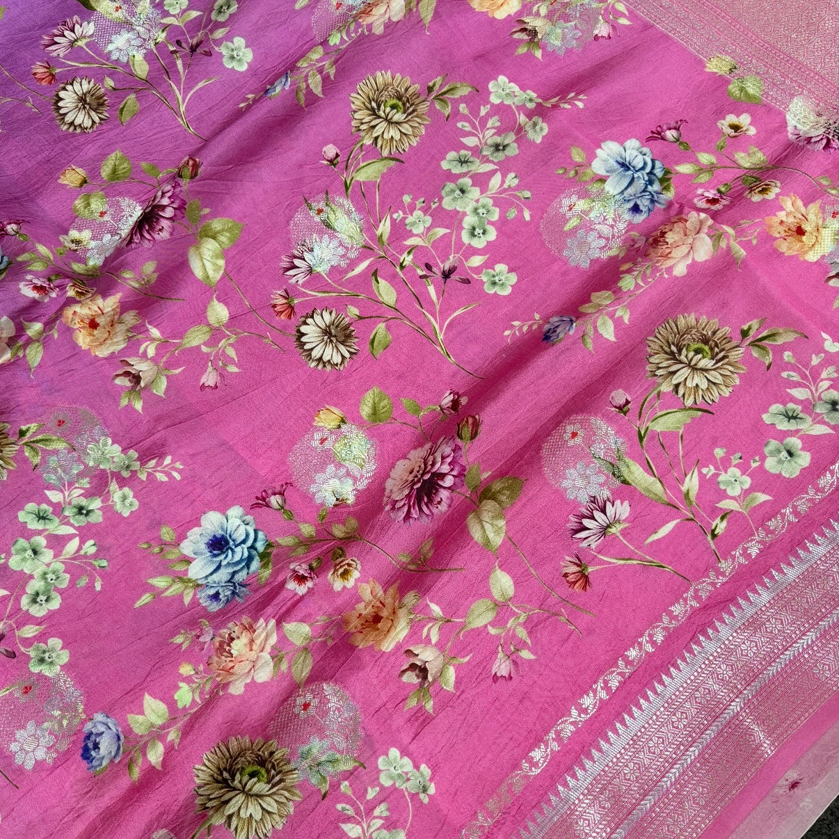 Pink with Purple Floral Digital Raw Mango Silk Saree