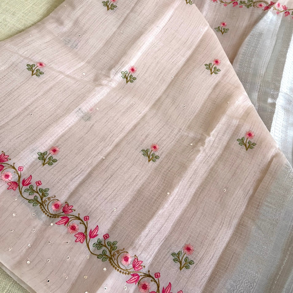 Mild Pink Floral Embroidery Linen Mirror Saree