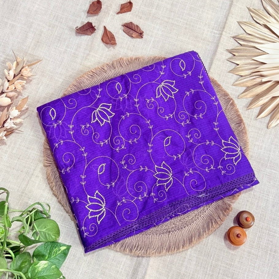 Purple Kota cotton saree with crochet embroidery and floral motifs