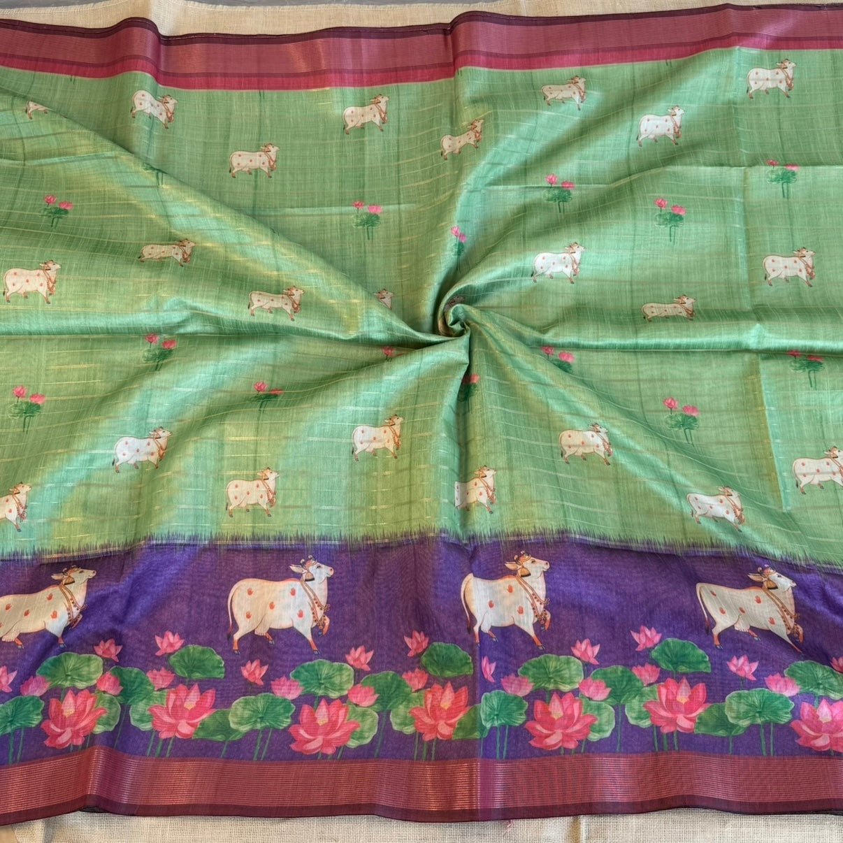 Green Purple Pichwai lotus cow Semi Tussar Saree