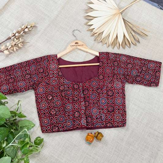 Maroon Ajrakh Printed Cotton Elbow Sleeve Blouse