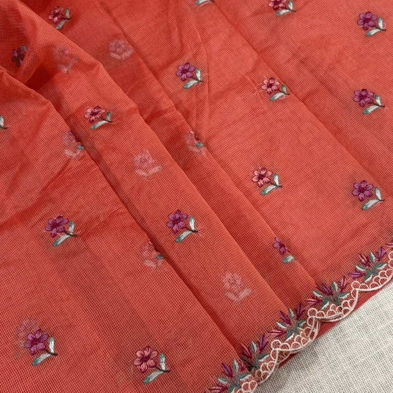 Orange Kota Scallop Embroidery Saree