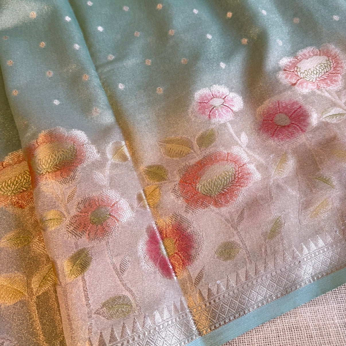 Sea Green Gradient Floral Soft Tissue Silk Saree