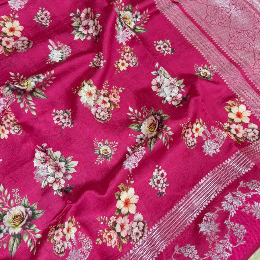 Pink Floral Digital Raw Mango Silk Saree