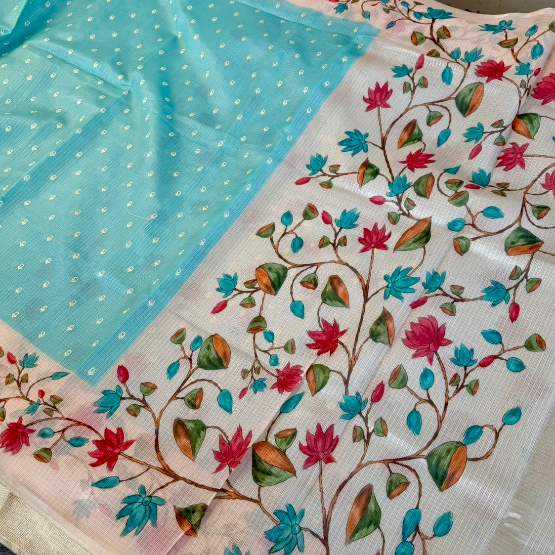 Sky Blue Floral Embroidery Fancy Saree