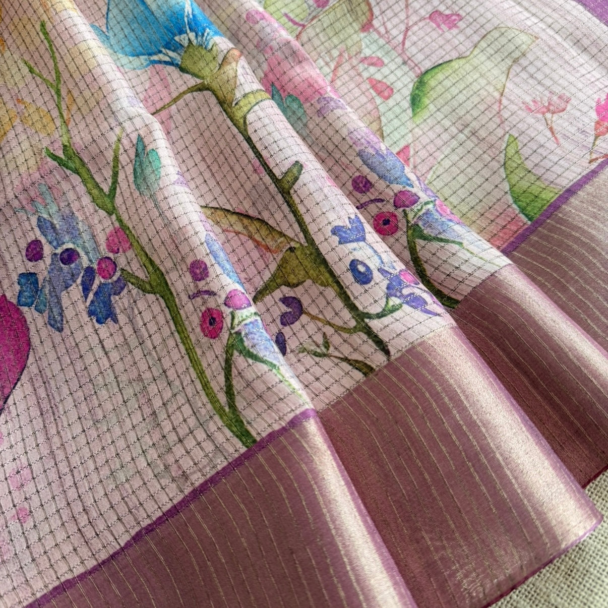 Pink Floral Kota Checks Tussar Saree