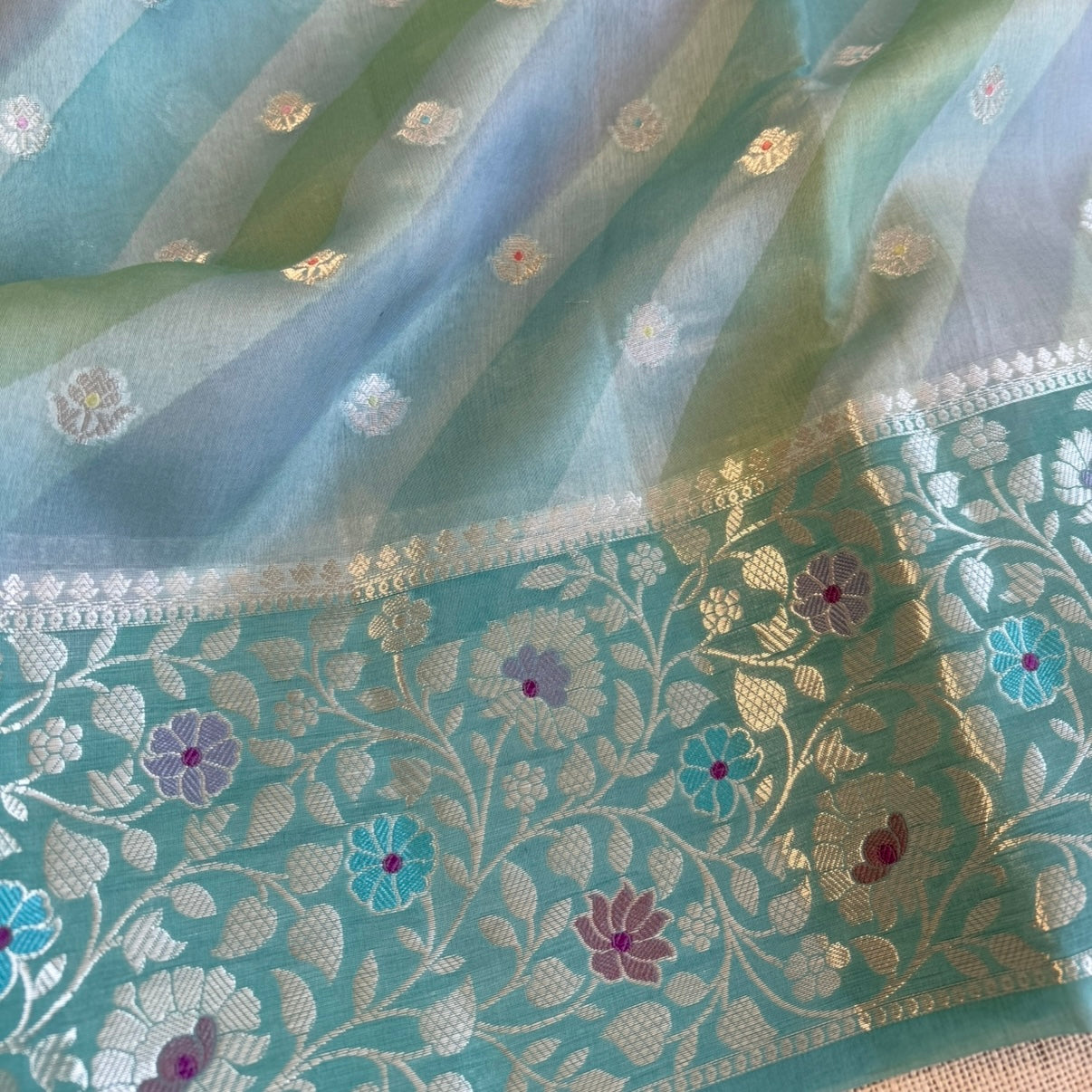 Soft pastel Aqua Floral Kora Silk Saree