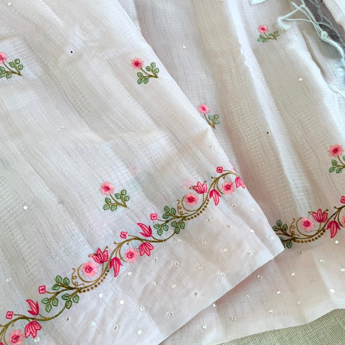 White Floral Embroidery Linen Mirror Saree