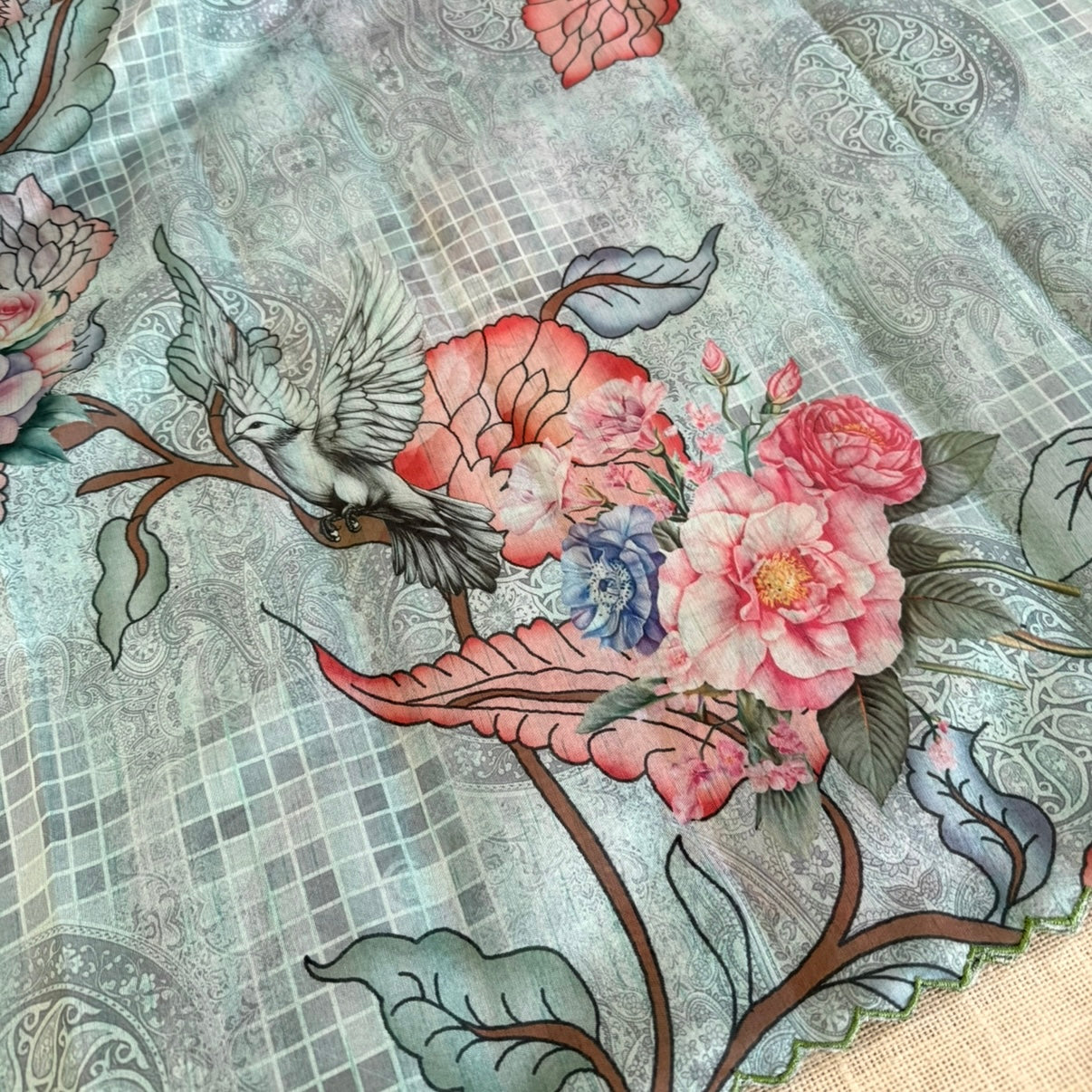 Sea Green Mandala Floral Semi Tussar Saree