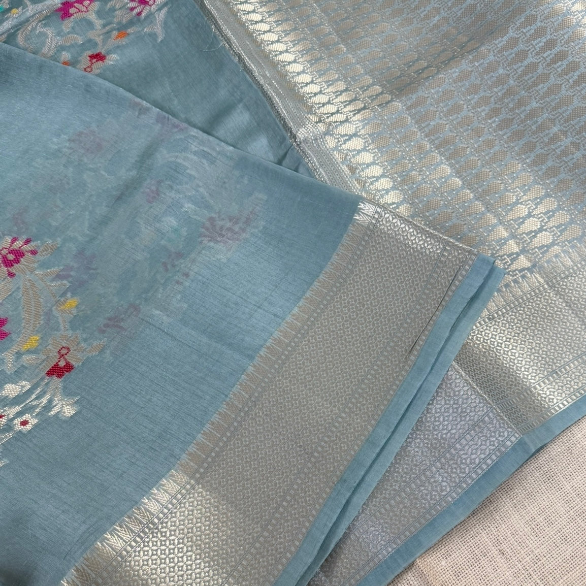 Misty Blue Floral Kora Silk Saree