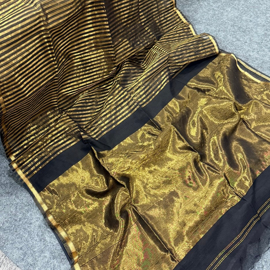 Black Gold Stripes Maheshwari Silk Cotton Saree