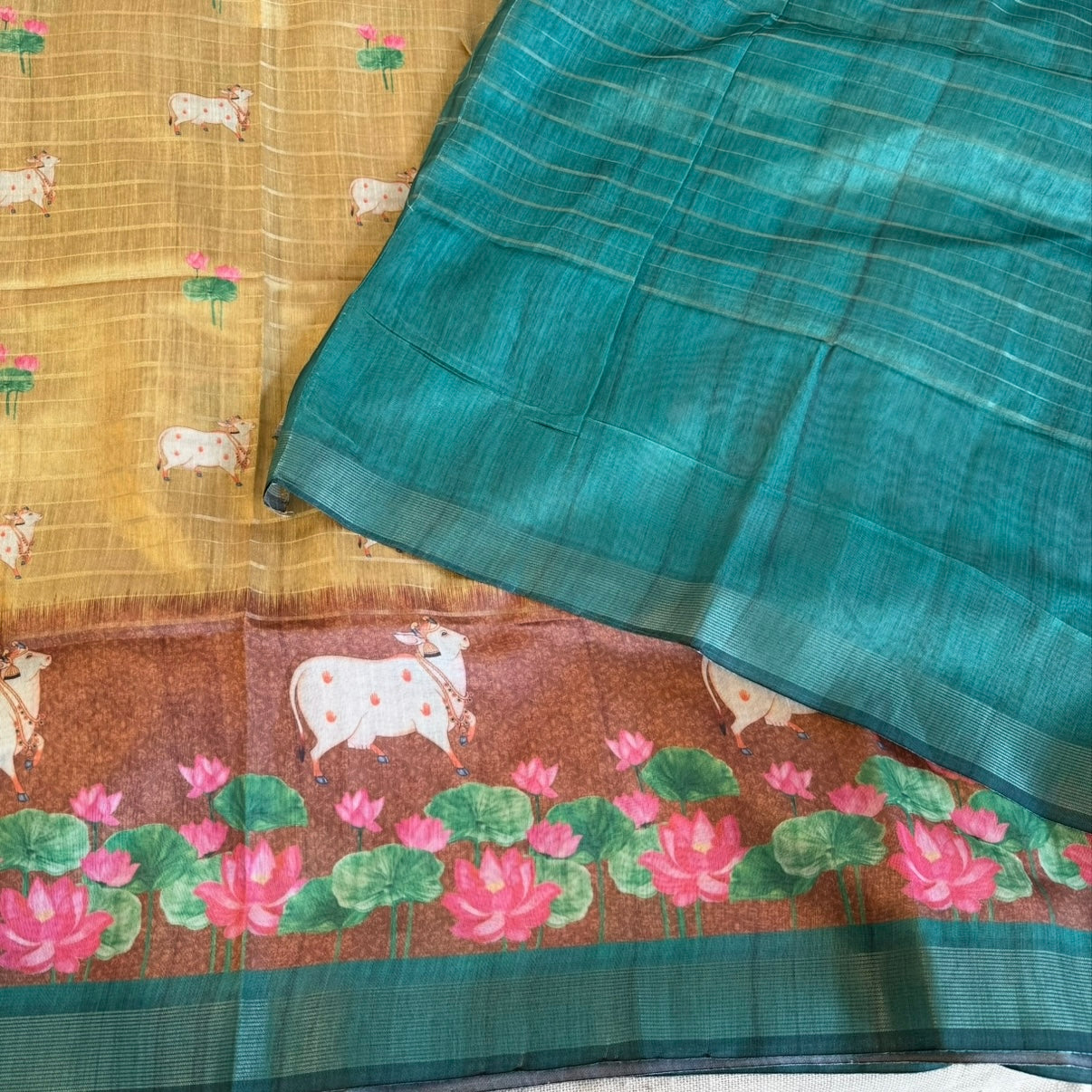 Mustard with Maroon Pichwai Cow lotus Semi Tussar Saree