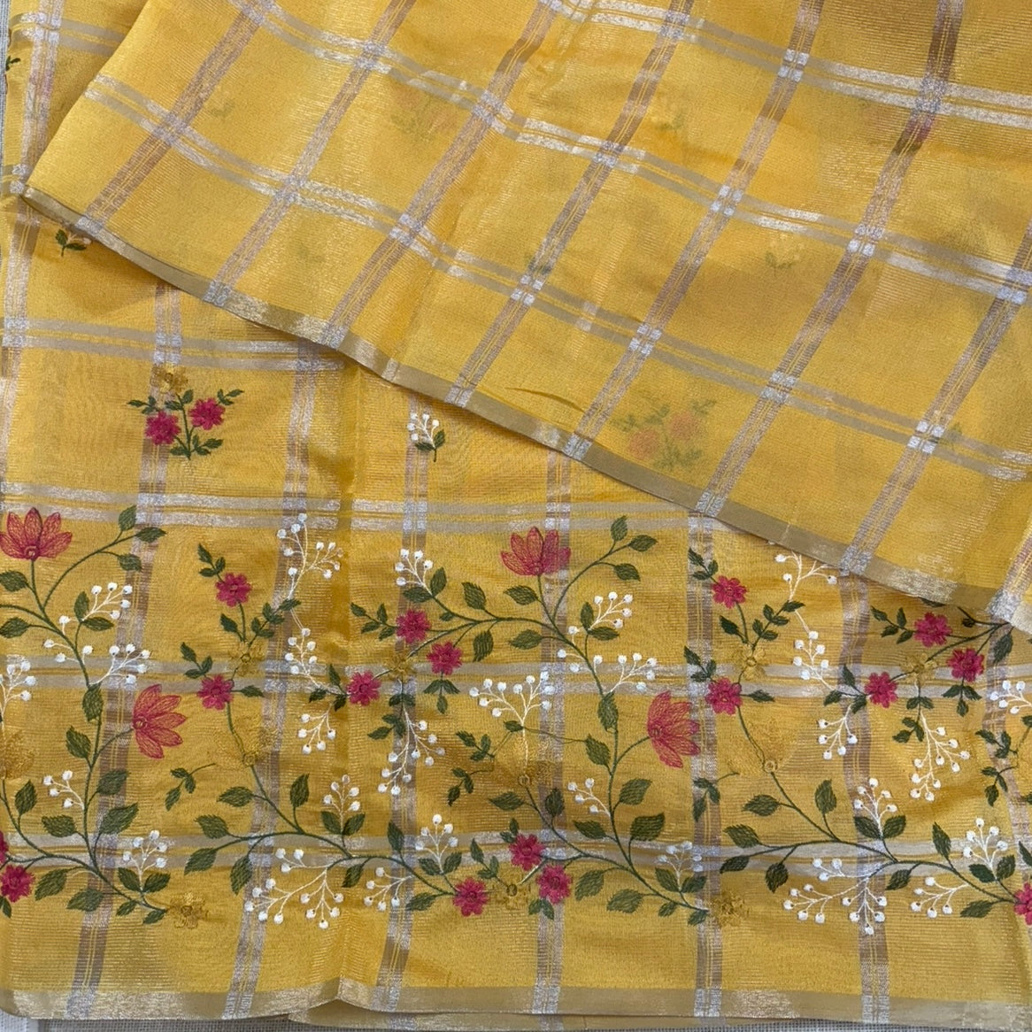 Mustard Chekcs Floral Embroidery Semi Tussar Saree
