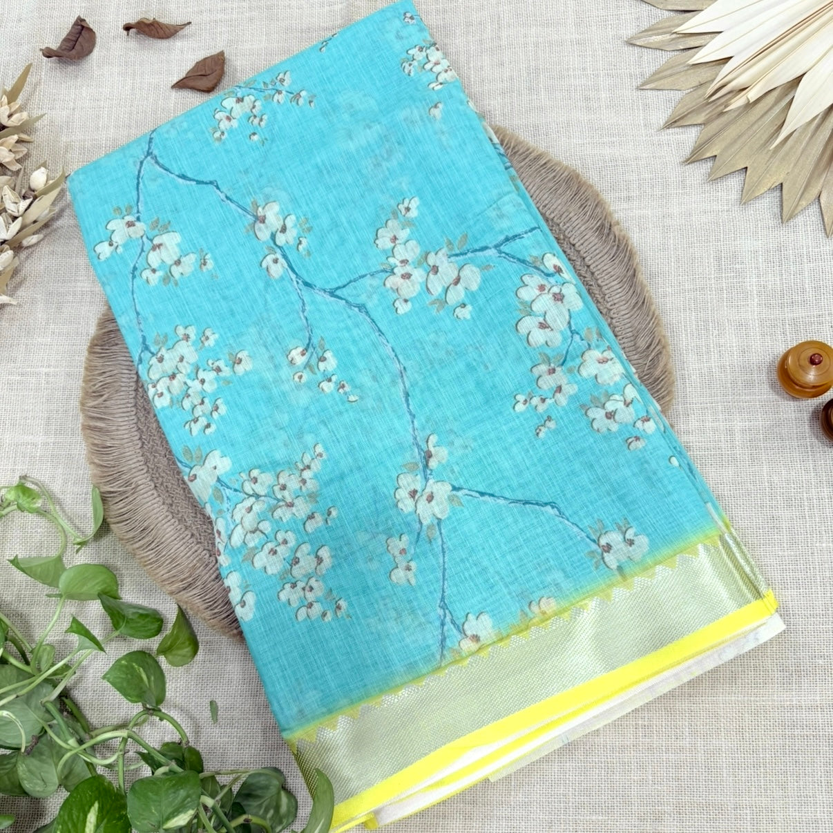 Sky Blue n Yellow Floral Embroidery Linen  Saree