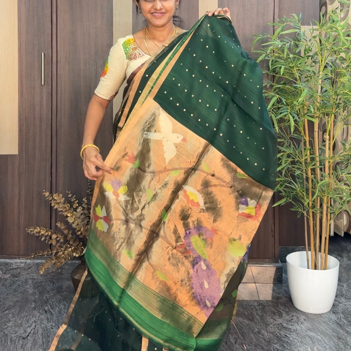 Dark Green Pure Muslin Sequin Paithani Pallu Saree