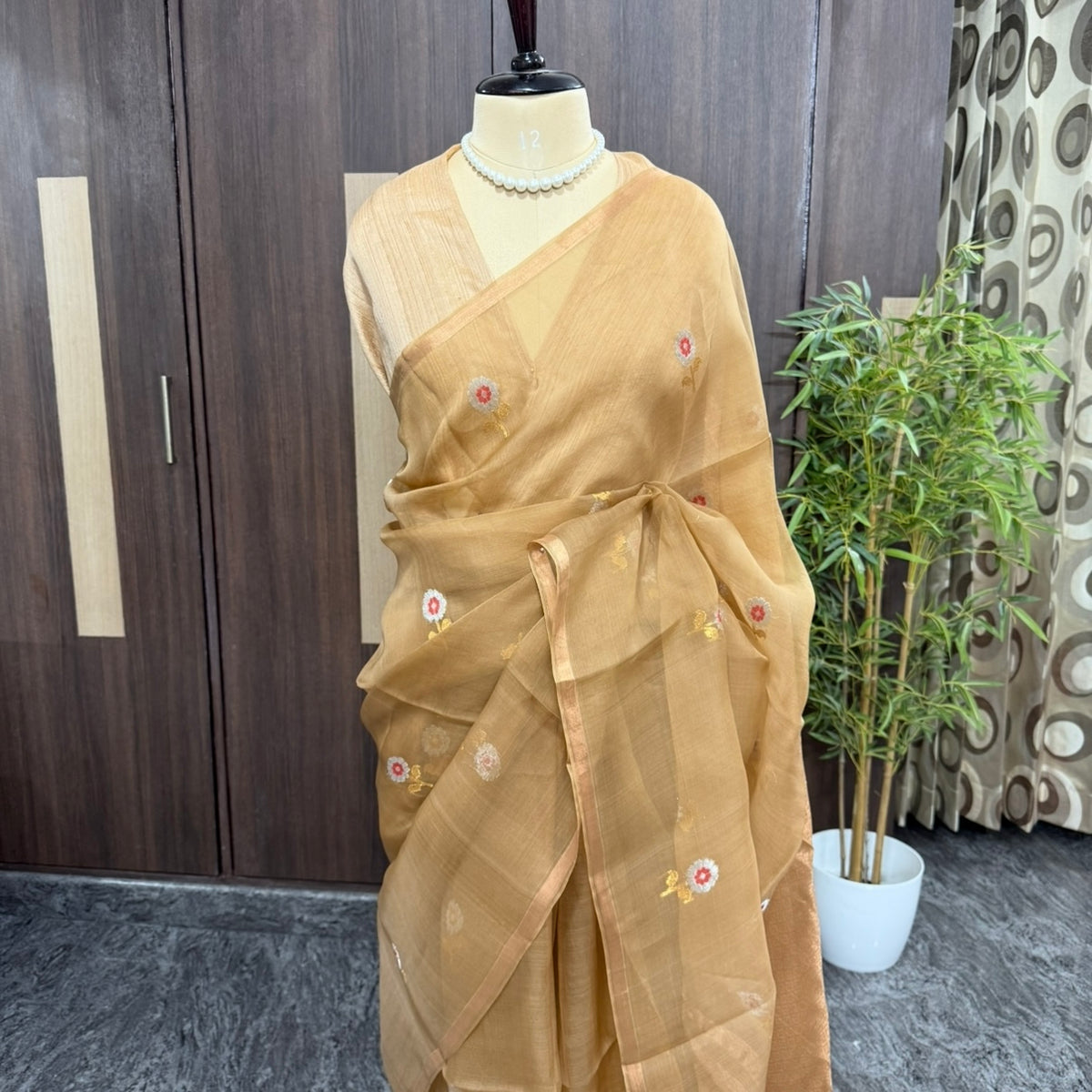 Beige Kora muslin Banarasi silk saree with gold and silver zari buttas