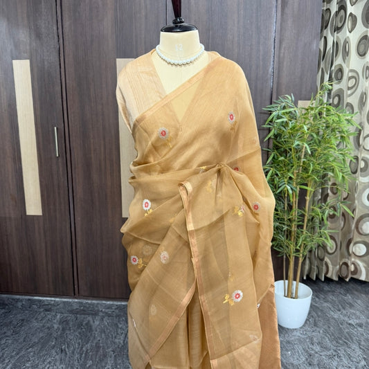 Beige Kora muslin Banarasi silk saree with gold and silver zari buttas