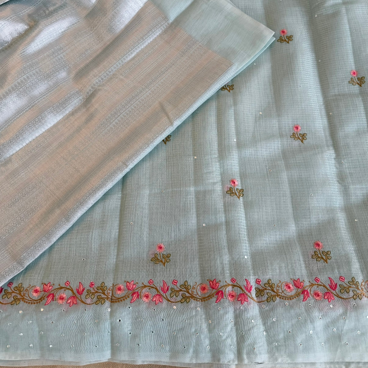 Baby Blue Pink Floral Embroidery Linen Mirror Saree
