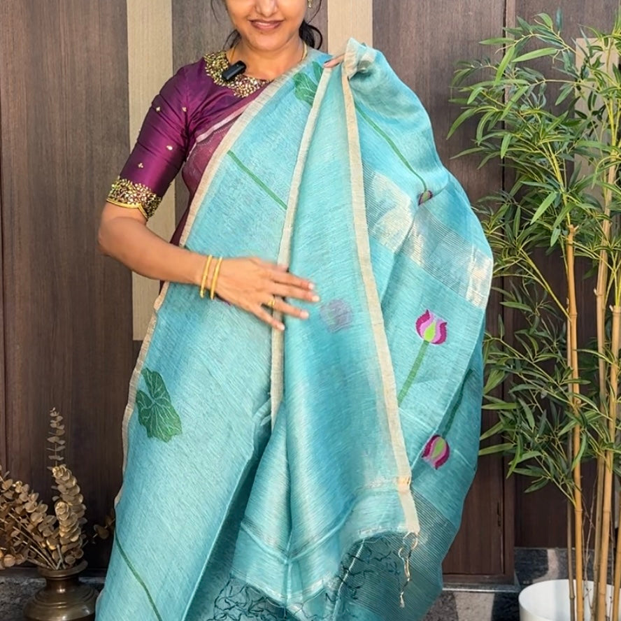 Sea Green Tussar Linen Lotus Jamdhani Silk Saree