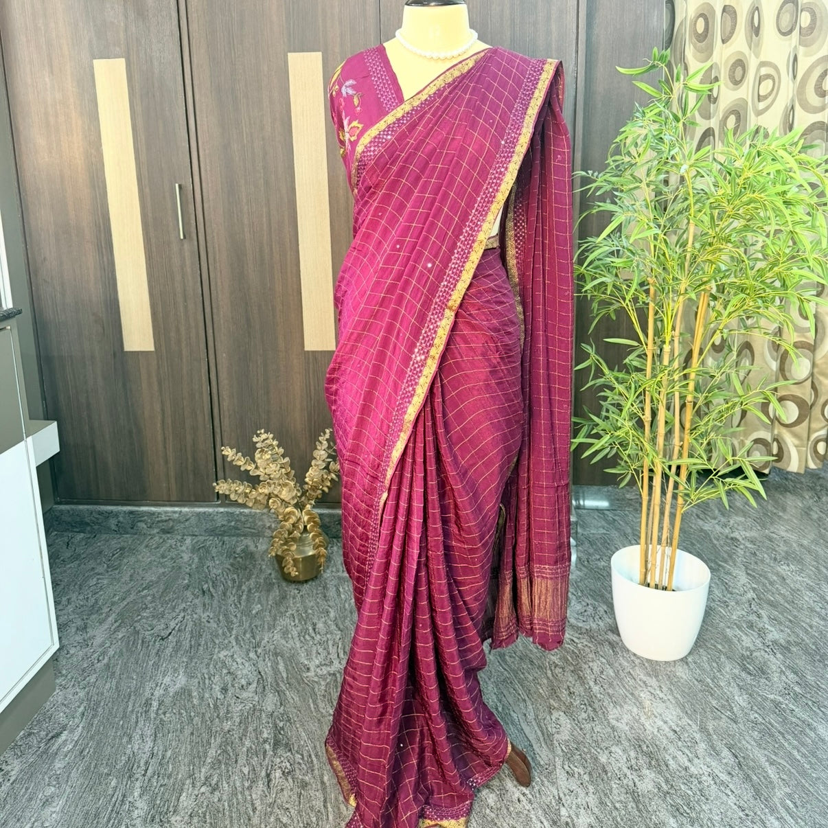Wine Zari Checks Mirror Chinnon Silk Saree