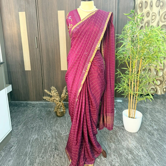 Wine Zari Checks Mirror Chinnon Silk Saree
