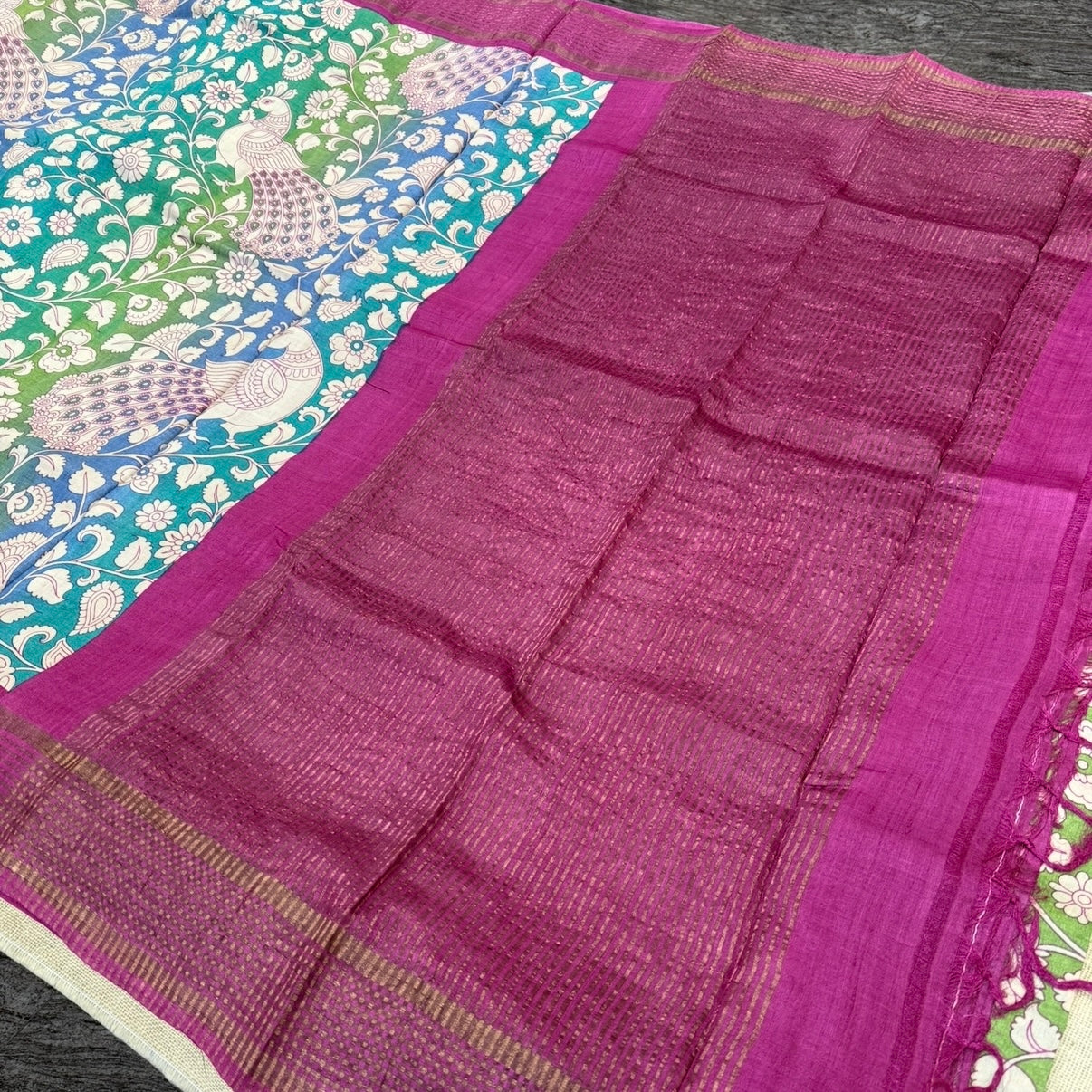 Magenta Peacock Pure Tussar Silk Saree