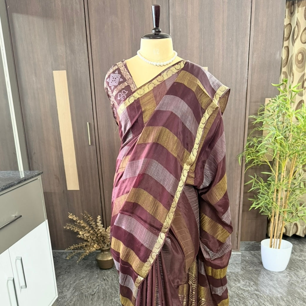 Brown Zari Stripes Chinnon Silk Saree