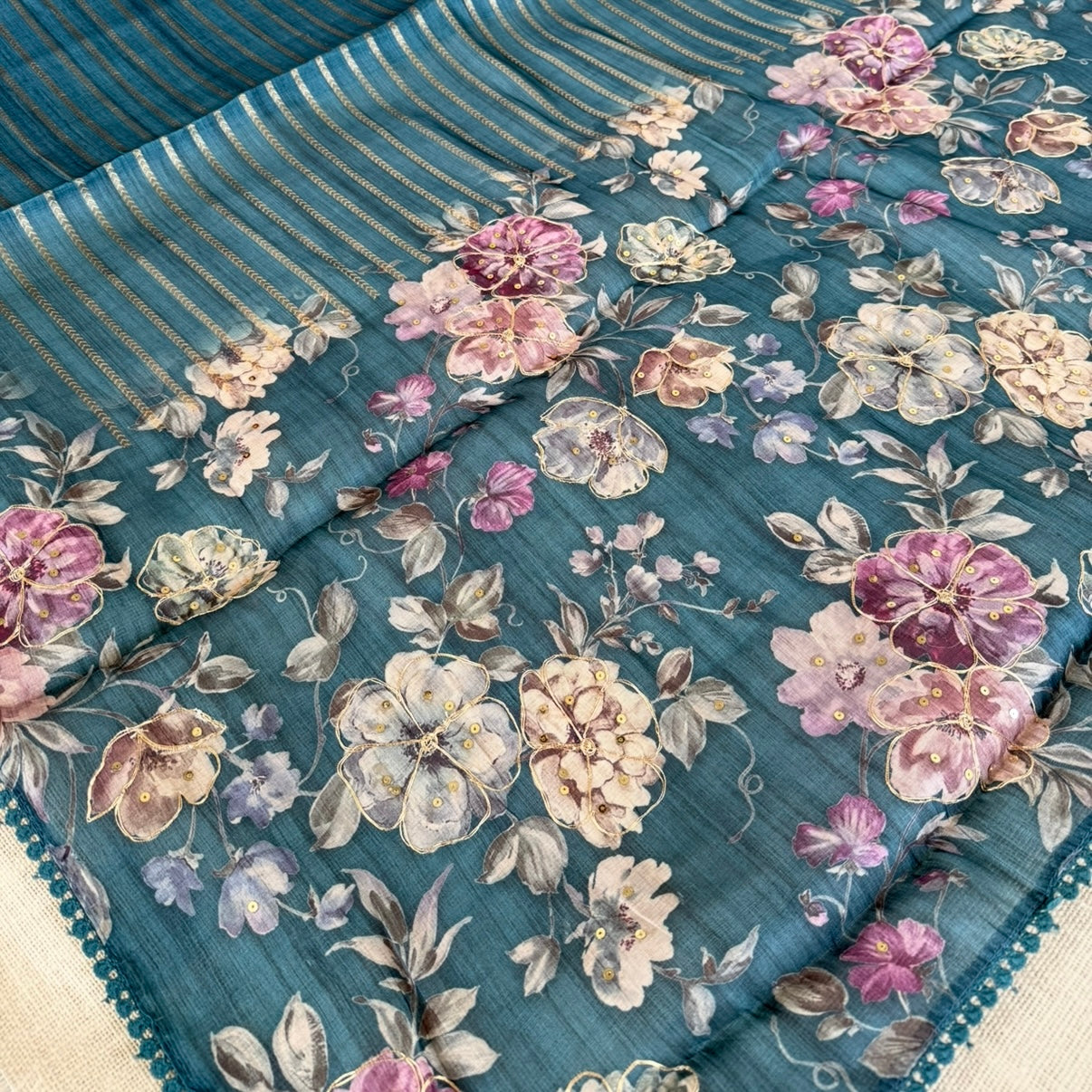 Teal Blue Floral Fancy Saree