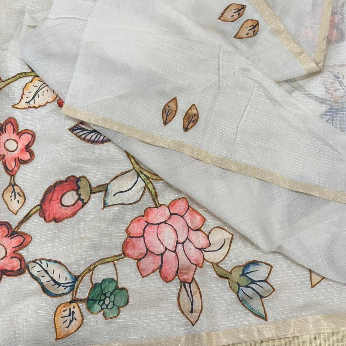 Off White Floral Appliqué Chanderi Silk Saree