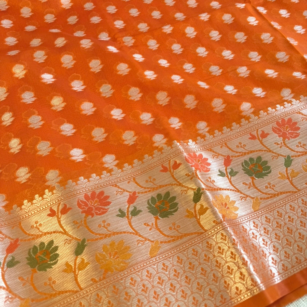 Vibrant Orange Khadi Georgette Siik Saree