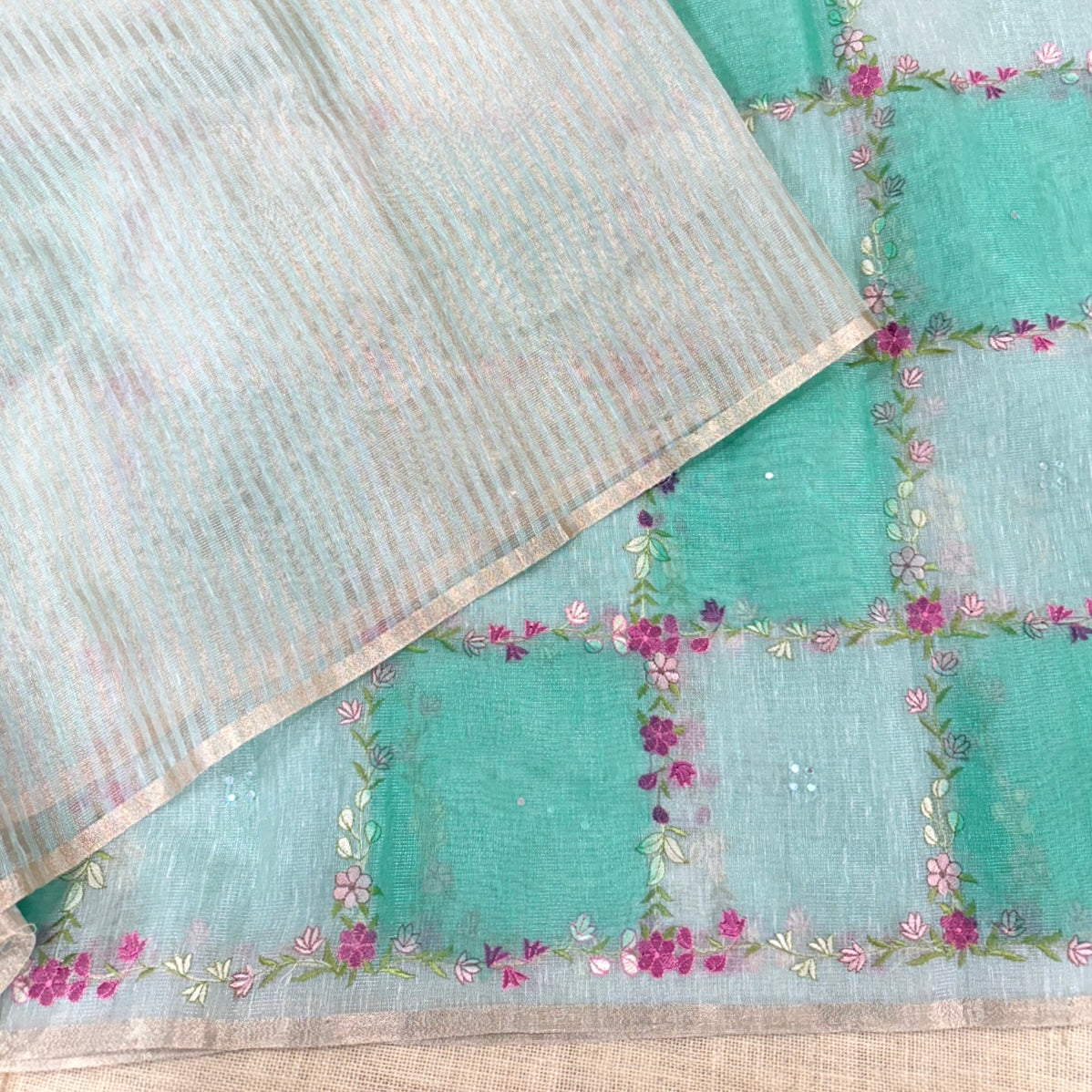 Teal Green Floral Embroidery Tissue Linen Saree
