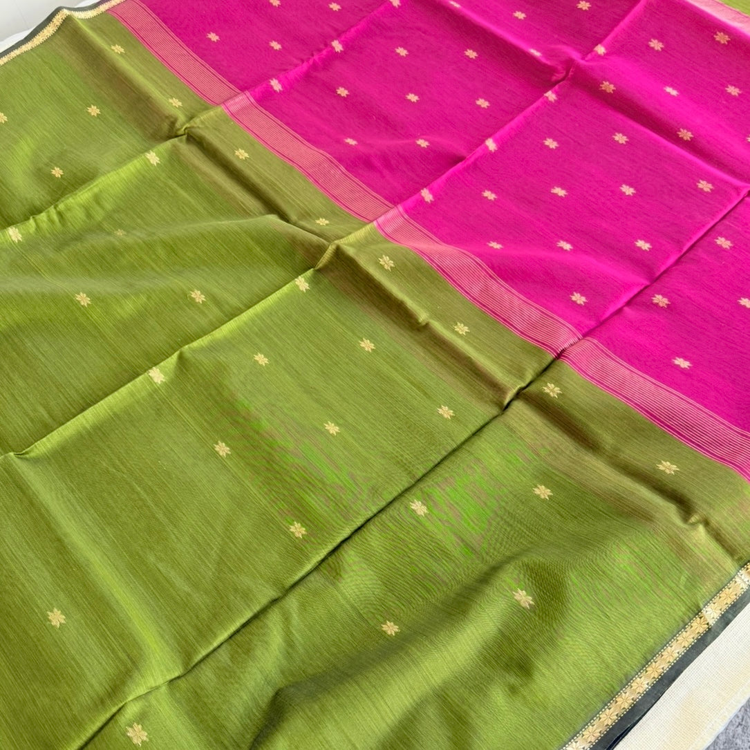 Green Maheshwari Silk Cotton Saree Pink Pallu