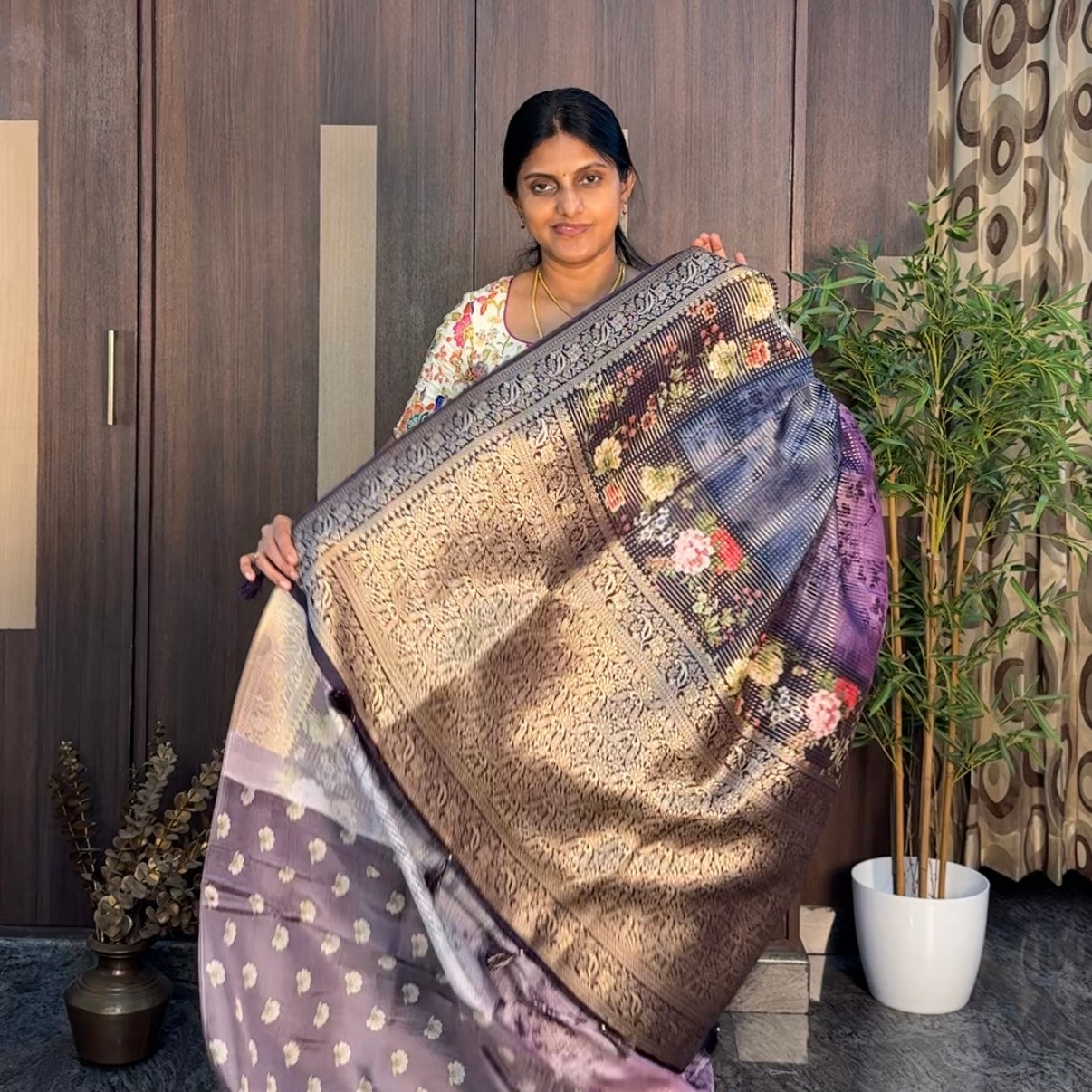 Purple Dark Blue Pure Dola Crepe Silk Saree