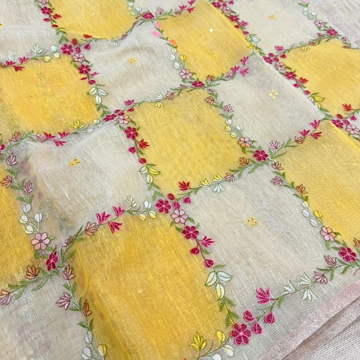Yellow Floral Embroidery Tissue Linen Saree